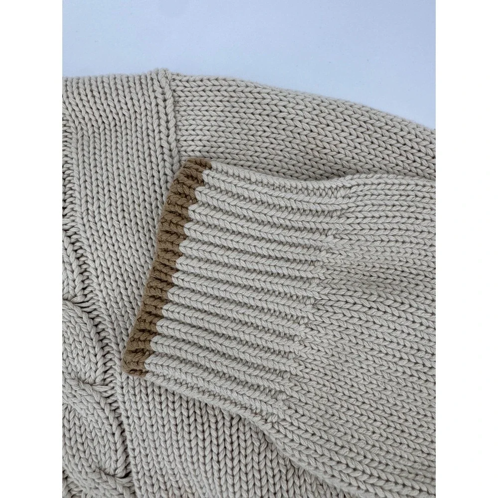 Eddie Bauer‎ Fishermans Sweater Large Mens Cable Knit Mock Neck Button Beige - Picture 4 of 15